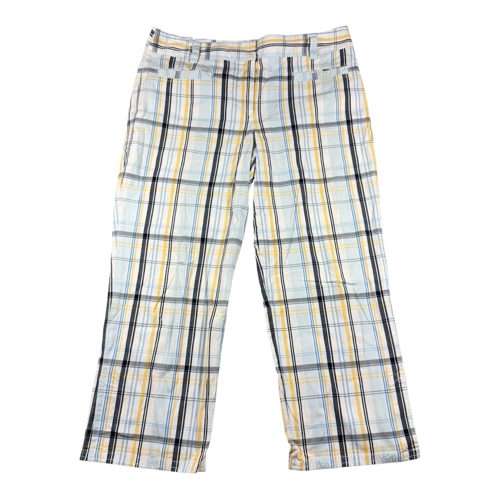 Ann Taylor LOFT Laura Plaid Crop Pants Womens 12 Blue Yellow Multi Side Slit